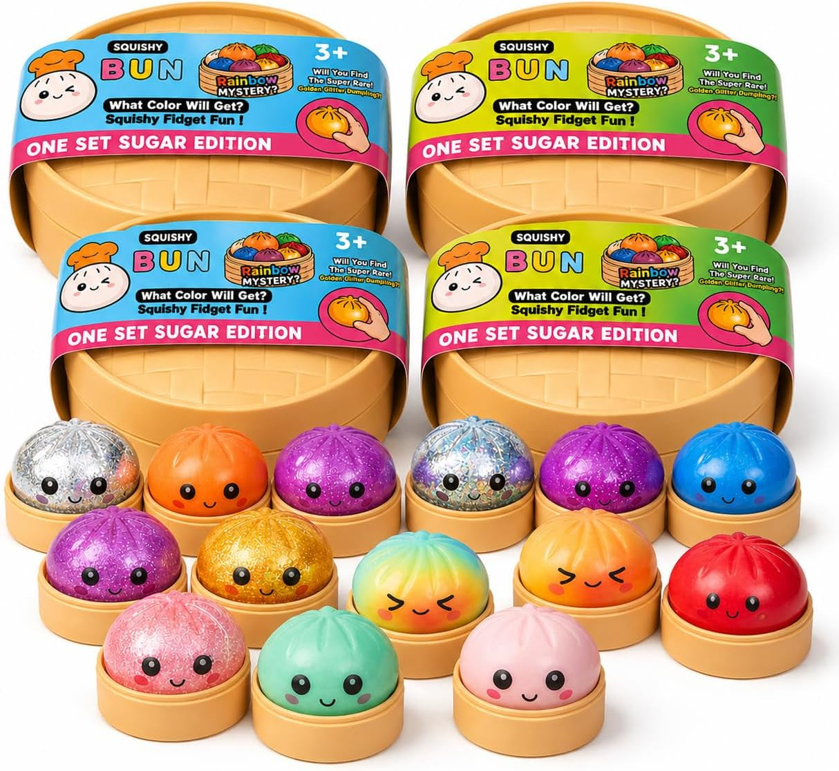 XXL Mystery Dumpling Squishy Buns 1Er, 3Er, 4Er Set – Glitter & Matt & Glow Überraschungsfarbe – 9,5Cm Squeeze Toy Mit Steamer Box – anti Stress Ball Knetball Baozi Mochi