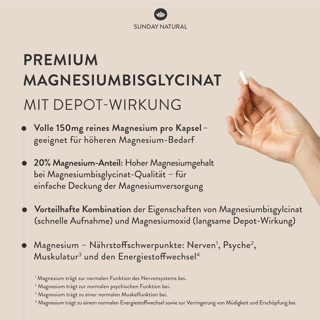 SUNDAY NATURAL® Magnesium Bisglycinat - 240 Kapseln - 300Mg Reines Magnesium Pro Tagesdosis - Depot Magnesiumglycinat Als Organisches Aminosäurechelat - Laborgeprüft, Vegan