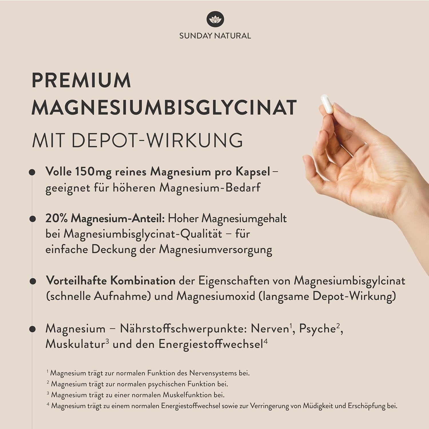 SUNDAY NATURAL® Magnesium Bisglycinat - 240 Kapseln - 300Mg Reines Magnesium Pro Tagesdosis - Depot Magnesiumglycinat Als Organisches Aminosäurechelat - Laborgeprüft, Vegan