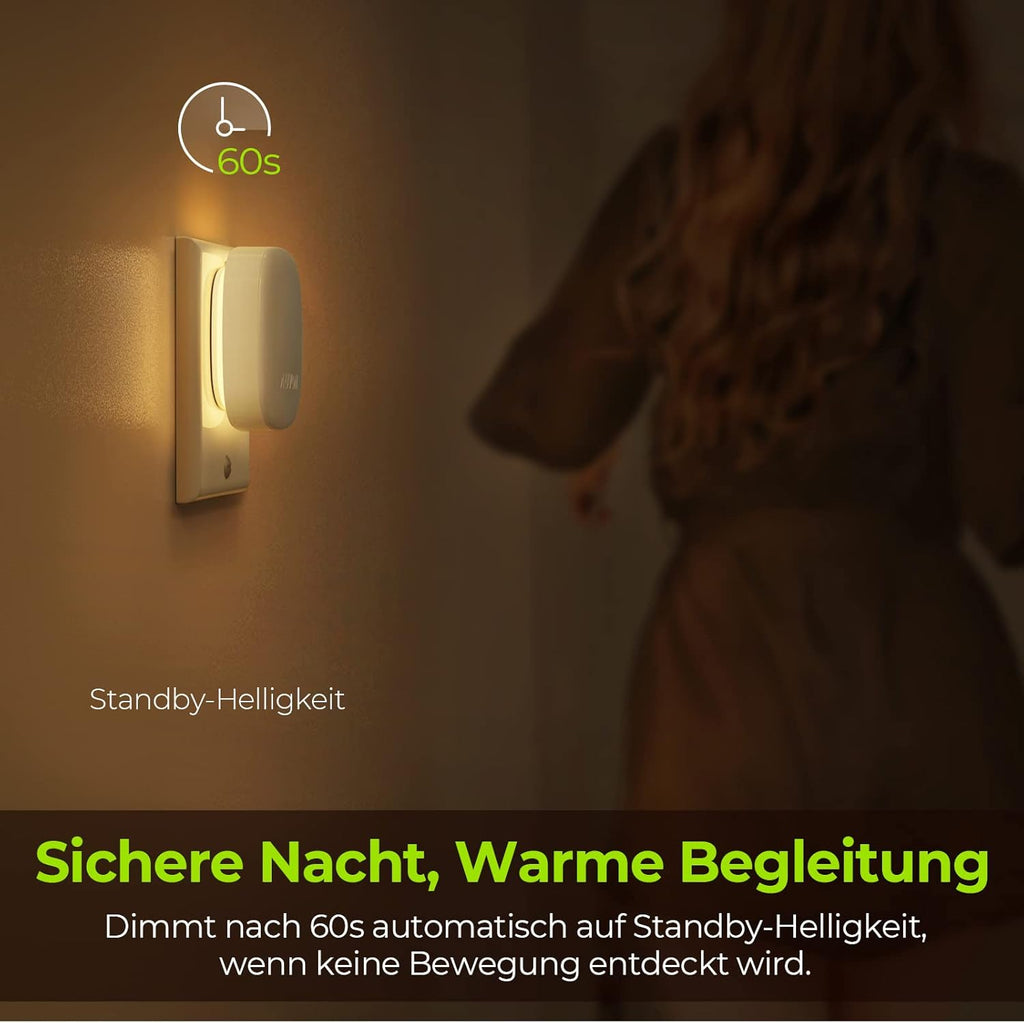 AUVON Nachtlicht Steckdose Mit Bewegungssensor Und Dämmerungssensor, 2 Stück Warmweißes LED Hinterleuchtete Nachtlicht Mit 1-50 Lm, Helligkeit Einstellbar Für Flur, Treppe, Schlafzimmer