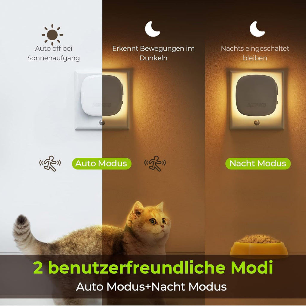 AUVON Nachtlicht Steckdose Mit Bewegungssensor Und Dämmerungssensor, 2 Stück Warmweißes LED Hinterleuchtete Nachtlicht Mit 1-50 Lm, Helligkeit Einstellbar Für Flur, Treppe, Schlafzimmer