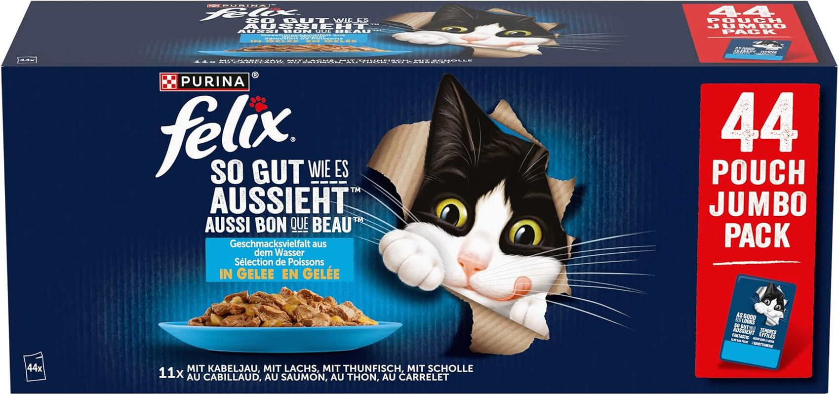FELIX so Gut Wie Es Aussieht Nassfutter Für Katzen Geschmacksvielfalt Vom Land Vorteilspack, 44 Praktische Portionsbeutel, Zarte Stückchen in Gelee, 4 Leckere Sorten, 100% Vollständige Ernährung