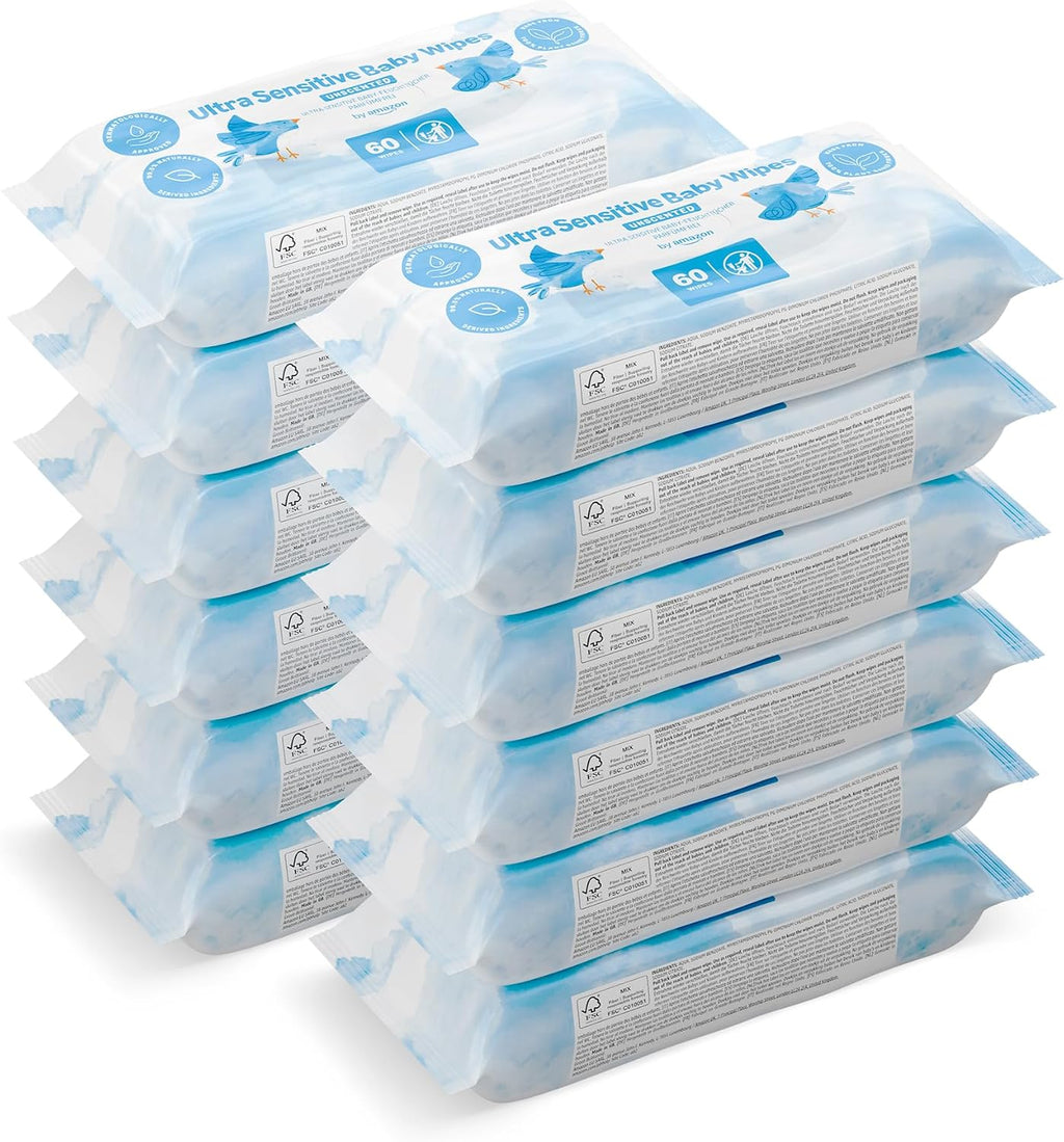By Amazon Ultrasensitive Babyfeuchttücher, 100% Pflanzliche Fasern, 99% Wasser, 1080 Tücher, Unparfümiert, 18 Packungen À 60 Stück