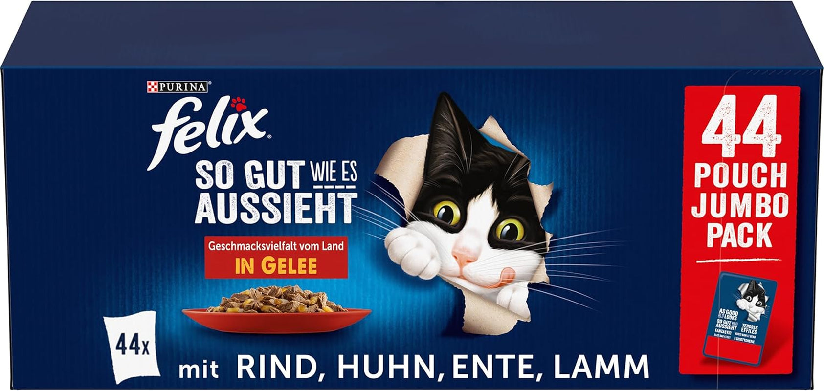 FELIX so Gut Wie Es Aussieht Nassfutter Für Katzen Geschmacksvielfalt Vom Land Vorteilspack, 44 Praktische Portionsbeutel, Zarte Stückchen in Gelee, 4 Leckere Sorten, 100% Vollständige Ernährung