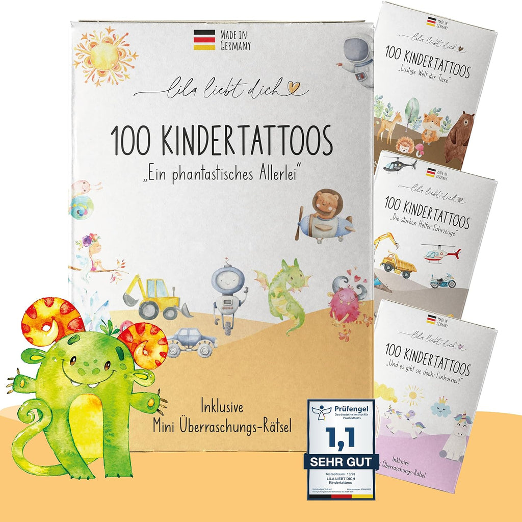 Lila Liebt Dich® 100 Fantastische Einhorn-Tattoos Kinder (6 Unterschiedliche Bögen) - Temporäre Tattoos// Kindertattoos Hautfreundlich & Dermatologisch Getestet // Kinder Tattoo Made in Germany