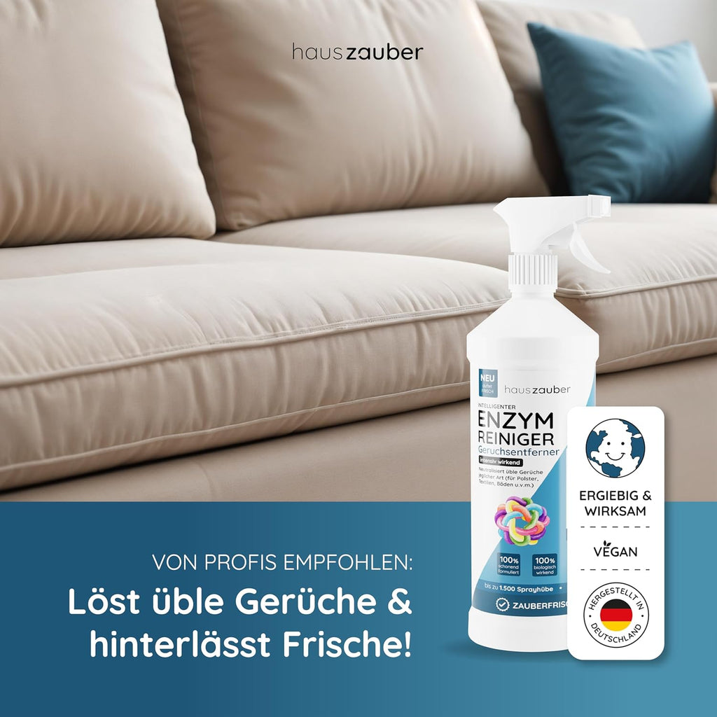 Hauszauber - Enzymreiniger [STARKER GERUCHSENTFERNER] 1000 Ml - Gegen Katzenurin, Hundeurin Etc. - Üble Gerüche Aus Sofa & Teppich Entfernen - Geruchsneutralisierer - Zauberfrische