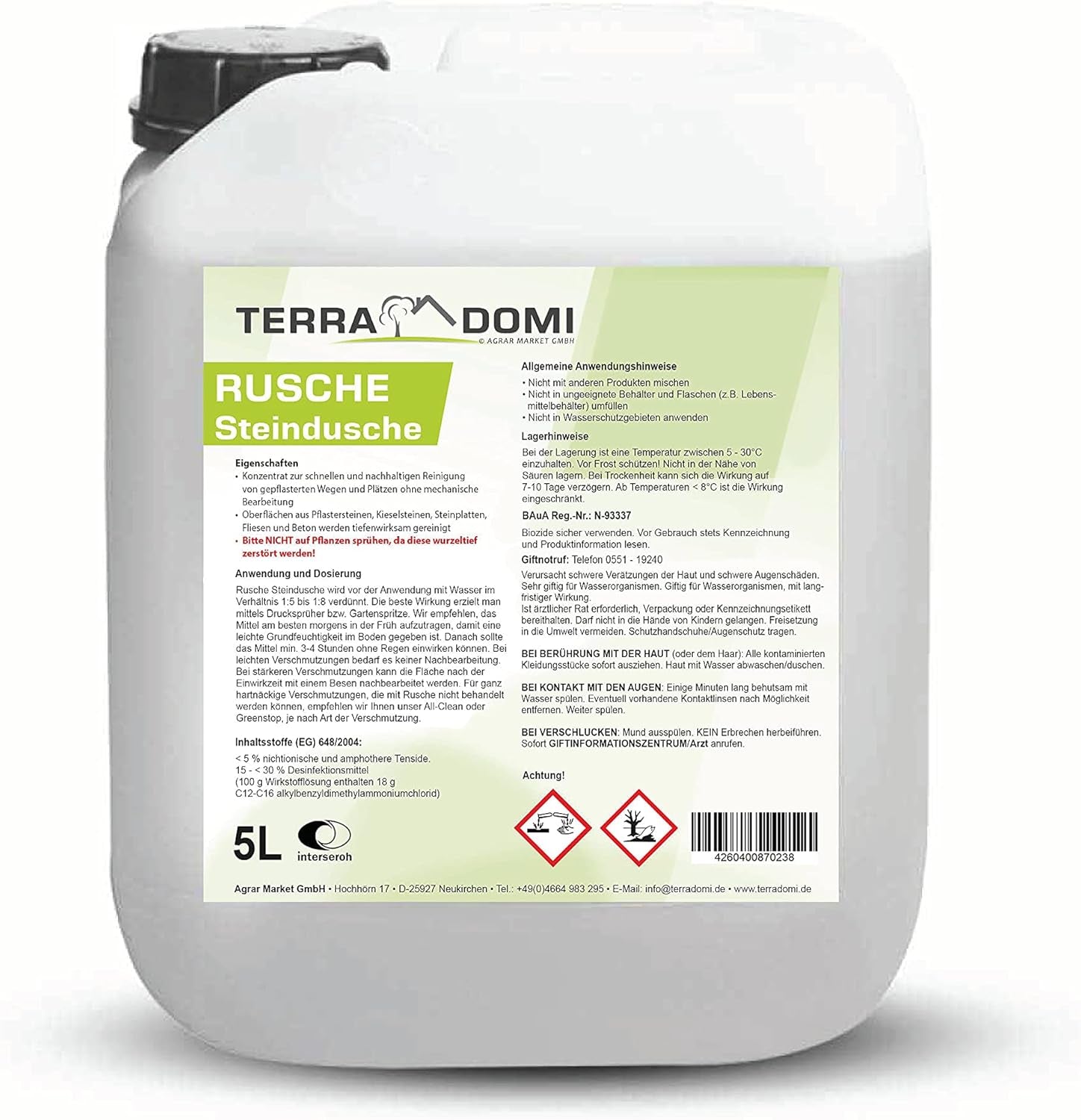 Terra Domi Rusche Steindusche, 5 L Konzentrat, Steinreiniger Für Bis Zu 2000 M², Reinigungsmittel Für Saubere Wege & Plätze, Wegerein, Biologisch Abbaubar