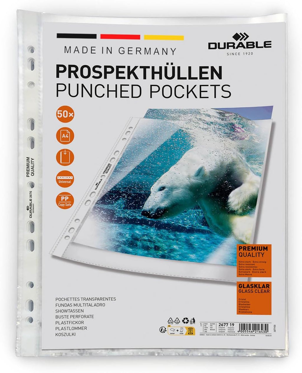 Durable Prospekthüllen A4 Premium Extra Stark, 100 Stück, Glasklar, 267619