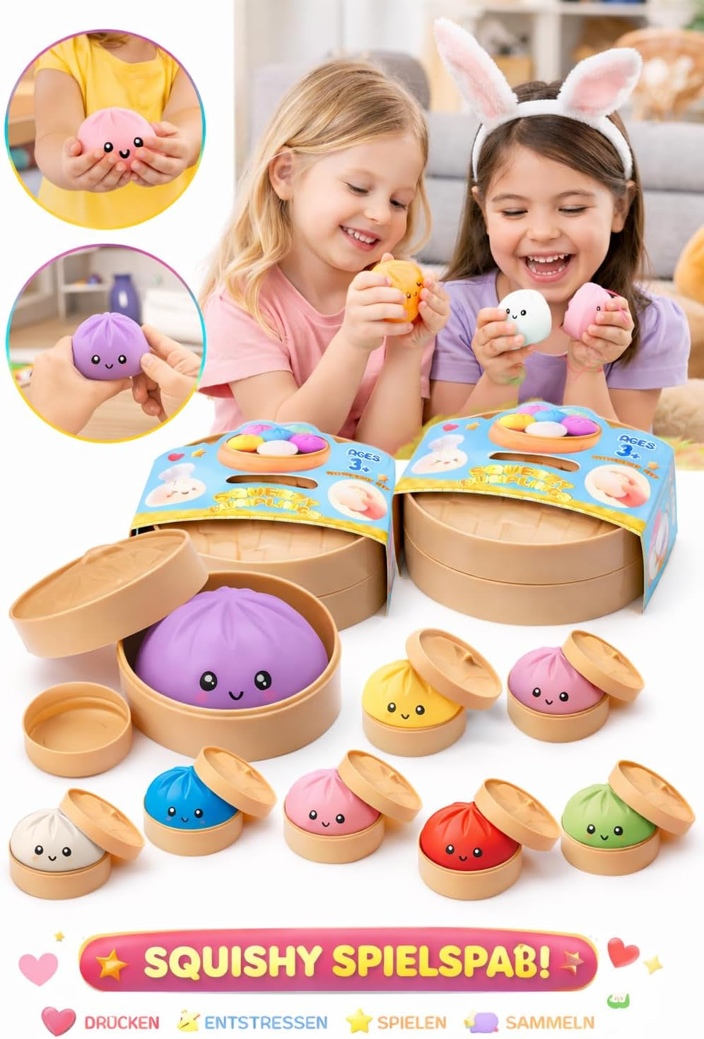 XXL Mystery Dumpling Squishy Buns 1Er, 3Er, 4Er Set – Glitter & Matt & Glow Überraschungsfarbe – 9,5Cm Squeeze Toy Mit Steamer Box – anti Stress Ball Knetball Baozi Mochi