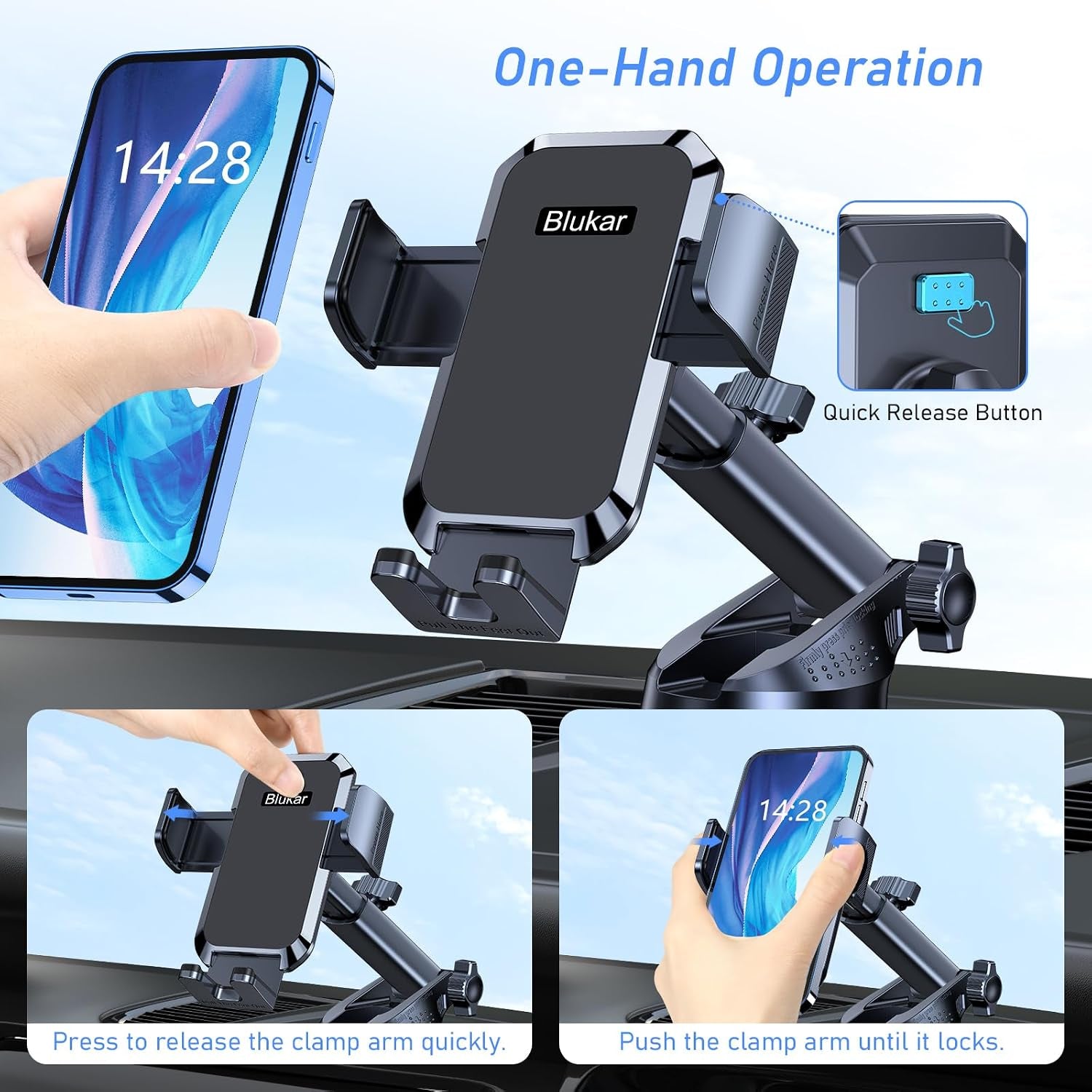 Blukar Handyhalterung Auto, [Upgrade Saugnapf] Handyhalter Für Autos Armaturenbrett & Windschutzscheibe, 360° Drehbar KFZ Handy Halterung Mit Ein-Knopf-Release Für Iphone, Galaxy, Mate Usw.