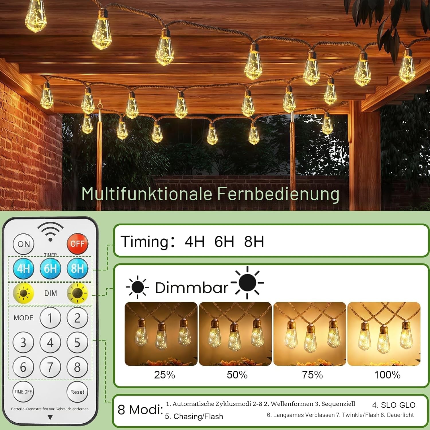 Solar Lichterkette Aussen Mit 16 S17 Glühbirnen, 10M Lichterkette Außen Wetterfest Warmweiß 8 Modi Memory-Funktion Timer Vintage Hanfseil Solarlichterketten Für Garten Terasse Balkon Hochzeit Party