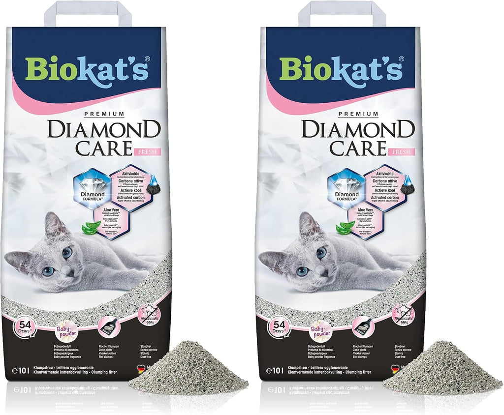 Biokat'S Diamond Care Fresh Katzenstreu Mit Babypuder-Duft - Feine Klumpstreu Aus Bentonit Mit Aktivkohle Und Aloe Vera - 1 Sack (1 X 10 L)