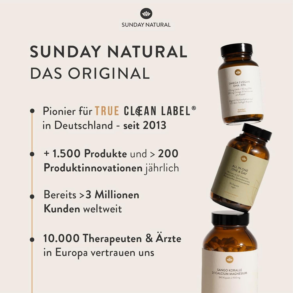 SUNDAY NATURAL® Magnesium Bisglycinat - 240 Kapseln - 300Mg Reines Magnesium Pro Tagesdosis - Depot Magnesiumglycinat Als Organisches Aminosäurechelat - Laborgeprüft, Vegan