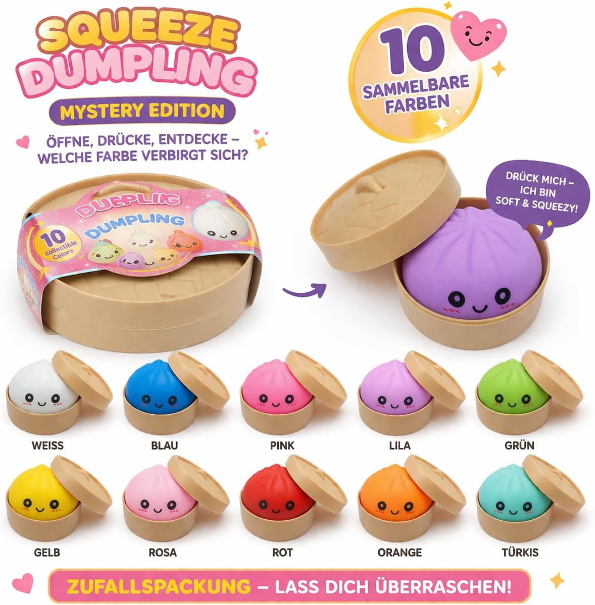 XXL Mystery Dumpling Squishy Buns 1Er, 3Er, 4Er Set – Glitter & Matt & Glow Überraschungsfarbe – 9,5Cm Squeeze Toy Mit Steamer Box – anti Stress Ball Knetball Baozi Mochi