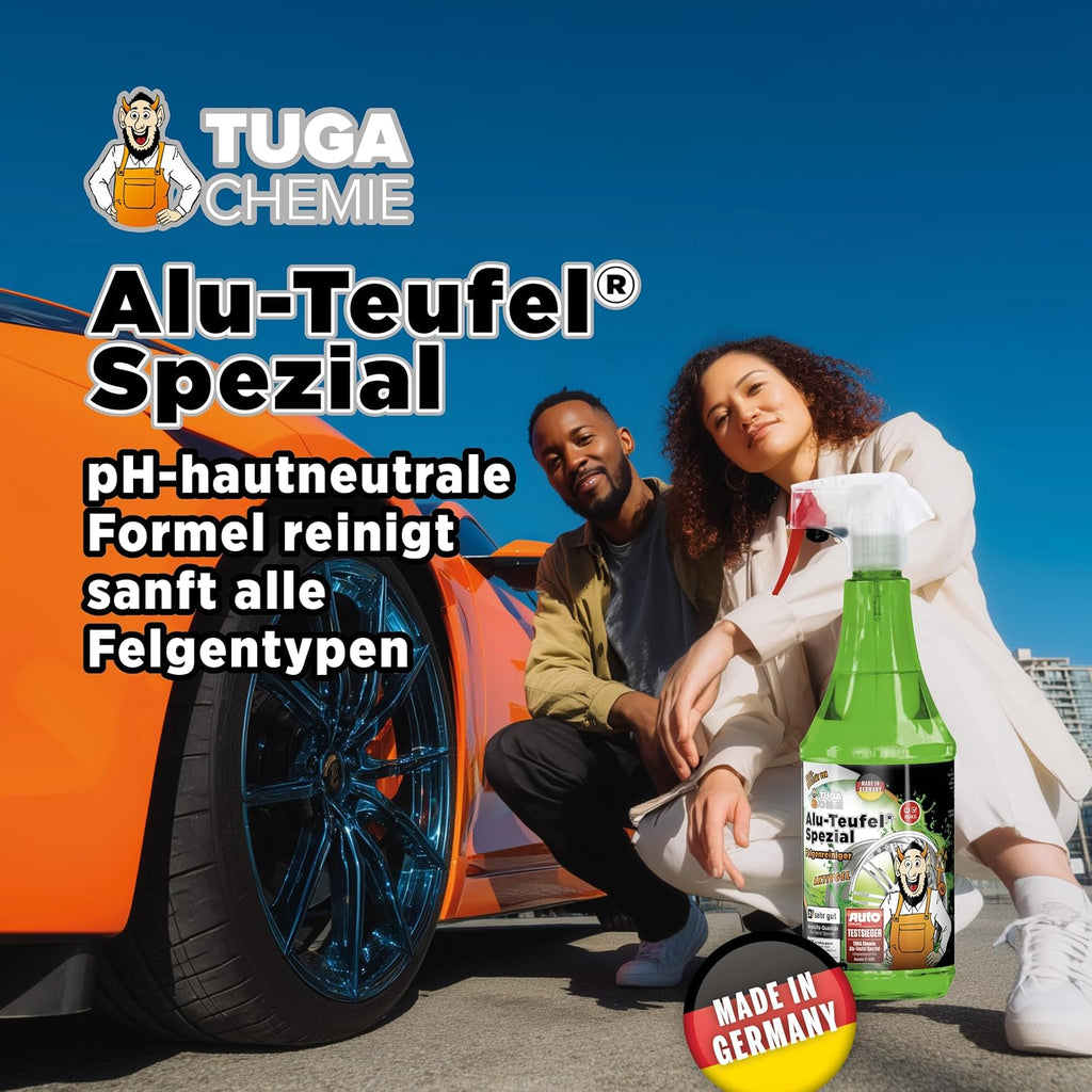 Tuga Chemie Alu-Teufel Spezial Felgenreiniger Grün – Profi Felgenreinigung Von Bremsstaub & Schmutz – Ph-Hautneutral, Materialschonend, Glanzverstärkend – 1 L Flasche – Made in Germany