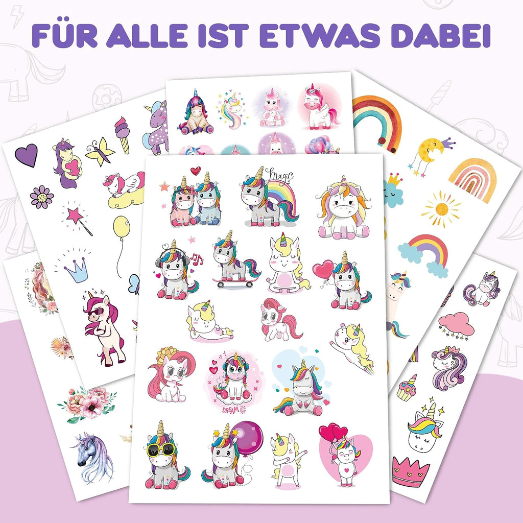 Lila Liebt Dich® 100 Fantastische Einhorn-Tattoos Kinder (6 Unterschiedliche Bögen) - Temporäre Tattoos// Kindertattoos Hautfreundlich & Dermatologisch Getestet // Kinder Tattoo Made in Germany