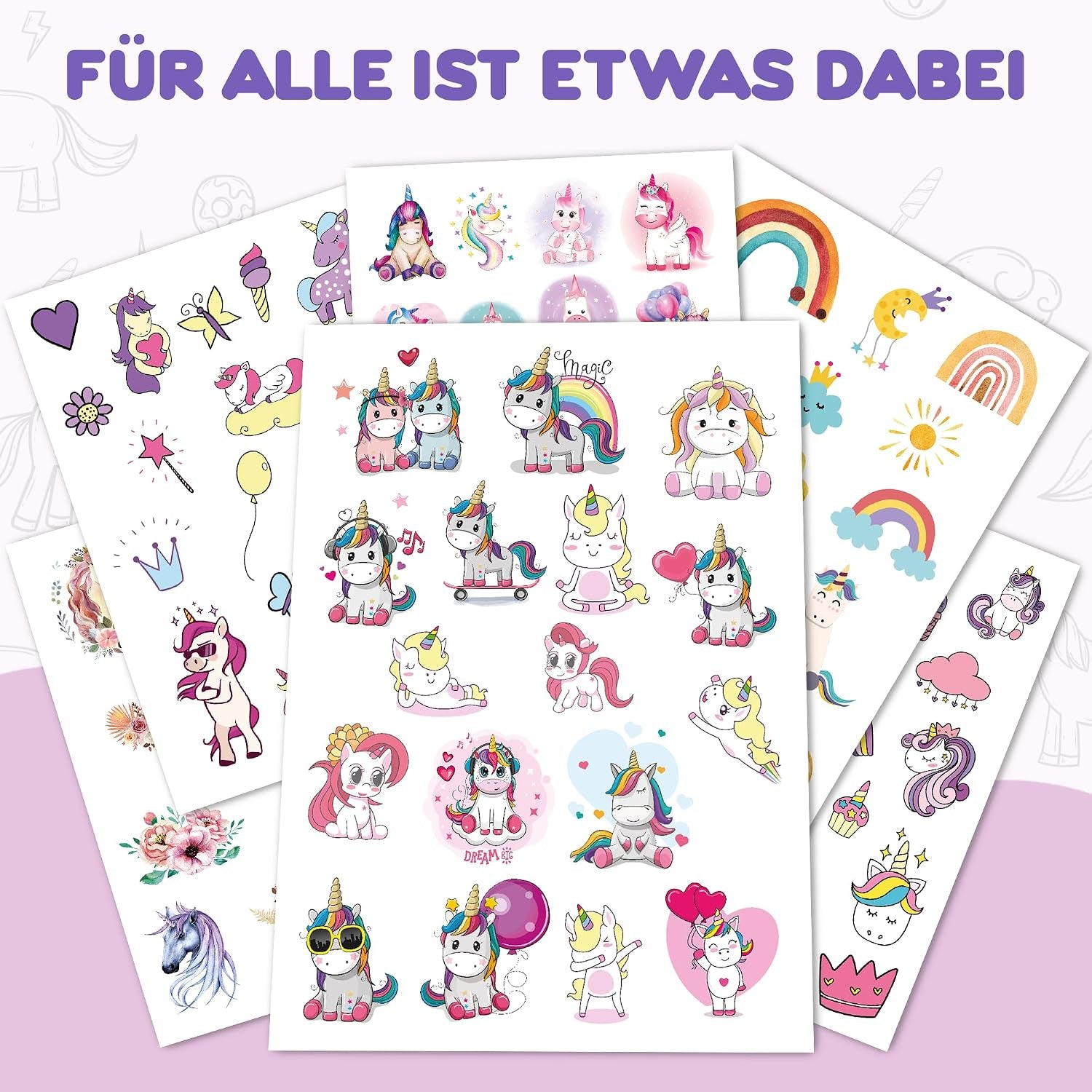 Lila Liebt Dich® 100 Fantastische Einhorn-Tattoos Kinder (6 Unterschiedliche Bögen) - Temporäre Tattoos// Kindertattoos Hautfreundlich & Dermatologisch Getestet // Kinder Tattoo Made in Germany
