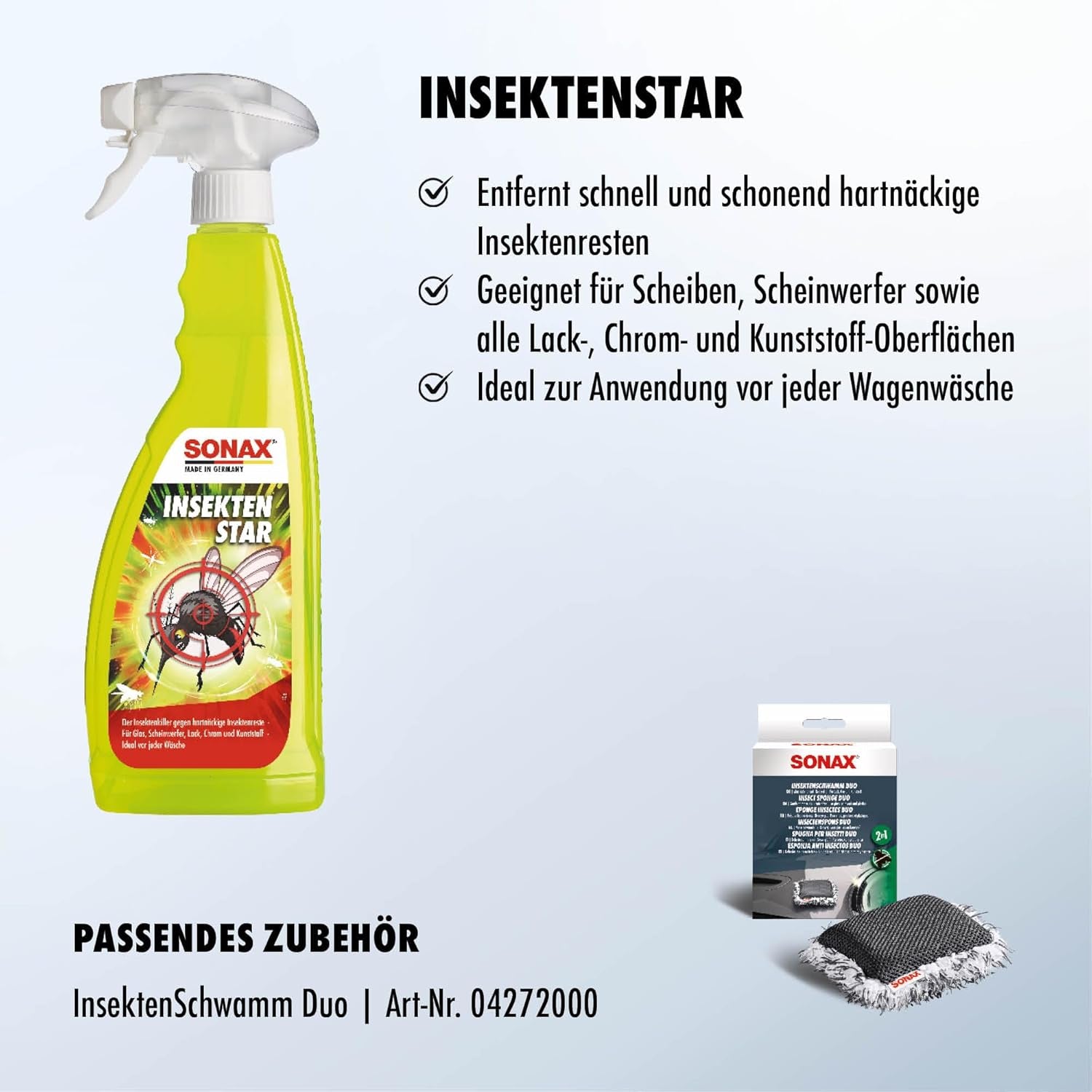 SONAX Insektenstar (750 Ml) Insektenentferner Löst Schnell & Schonend Selbst Hartnäckige & Angetrocknete Insektenverschmutzungen, Art-Nr. 02334000