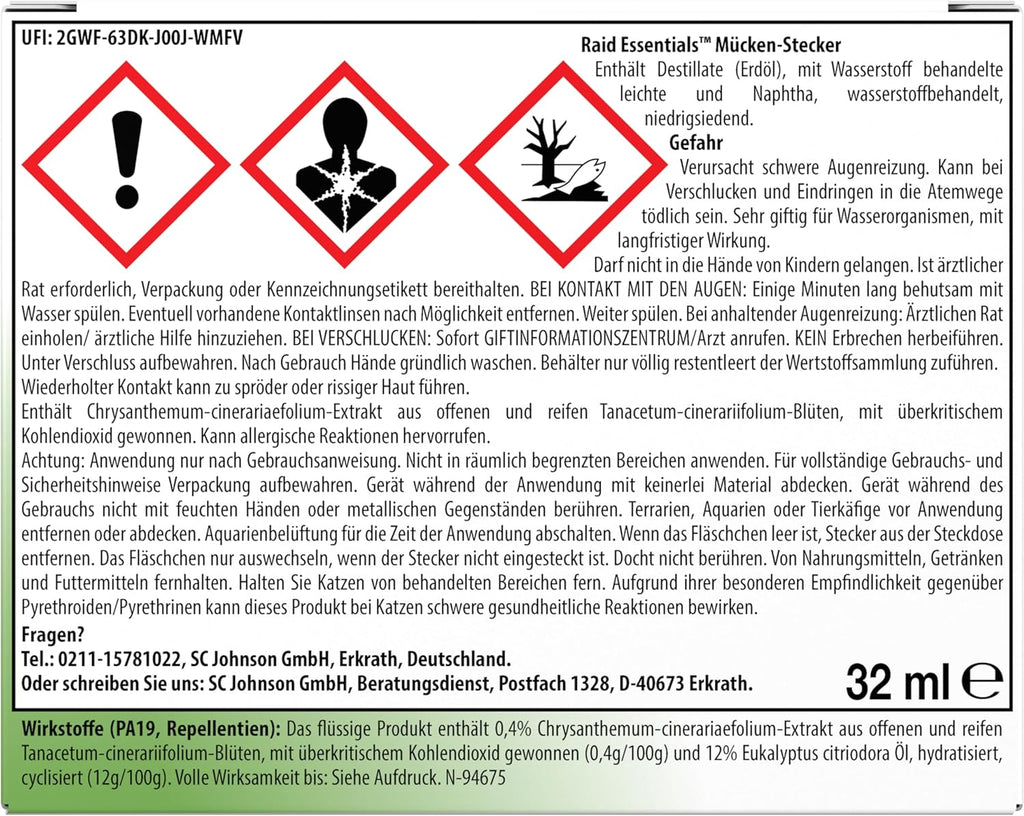 Raid Essentials Mückenstecker 45 Nächte, Elektrischer Insekten-Schutz Vor Mücken & Tigermücken, Mit Pflanzlichen Wirkstoffen, Geruchsneutral, 1Er Pack (1 X 32 Ml)