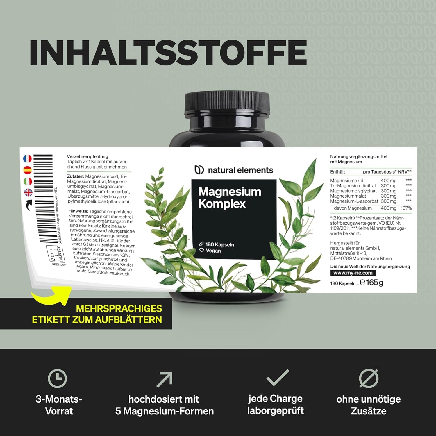 Natural Elements Magnesium Komplex - Premium: Aus 5 Hochwertigen Verbindungen - 400Mg Elementares Magnesium Pro Tagesdosis - Laborgeprüft, Vegan, Hochdosiert