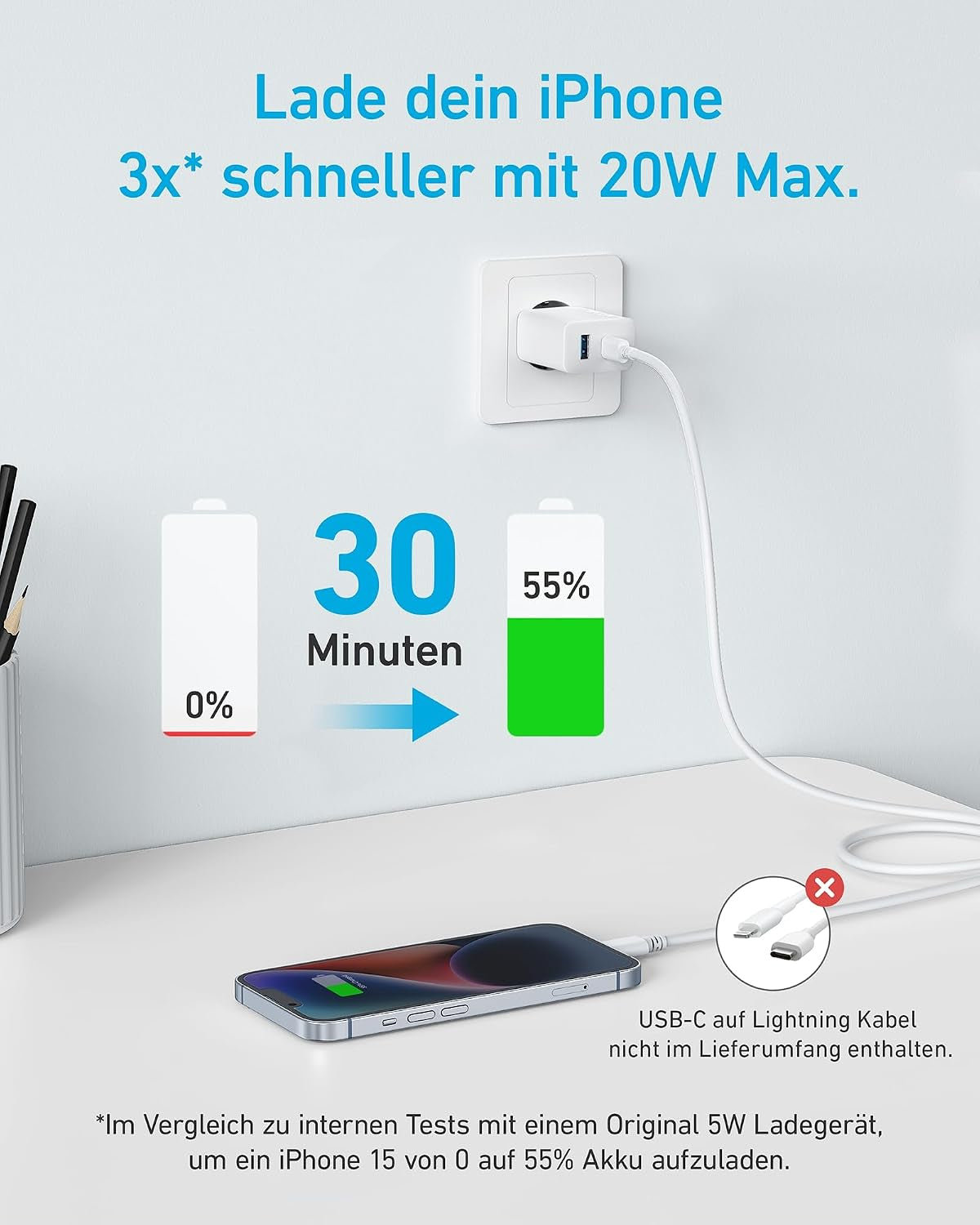 Anker 20W USB C Ladegerät, Ipad Netzteil, Usb-Schnellladenetzteil, Ipad Ladegerät, Kompatibel Mit Iphone 17/16/15 Series (Mit 150Cm USB-C Kabel)