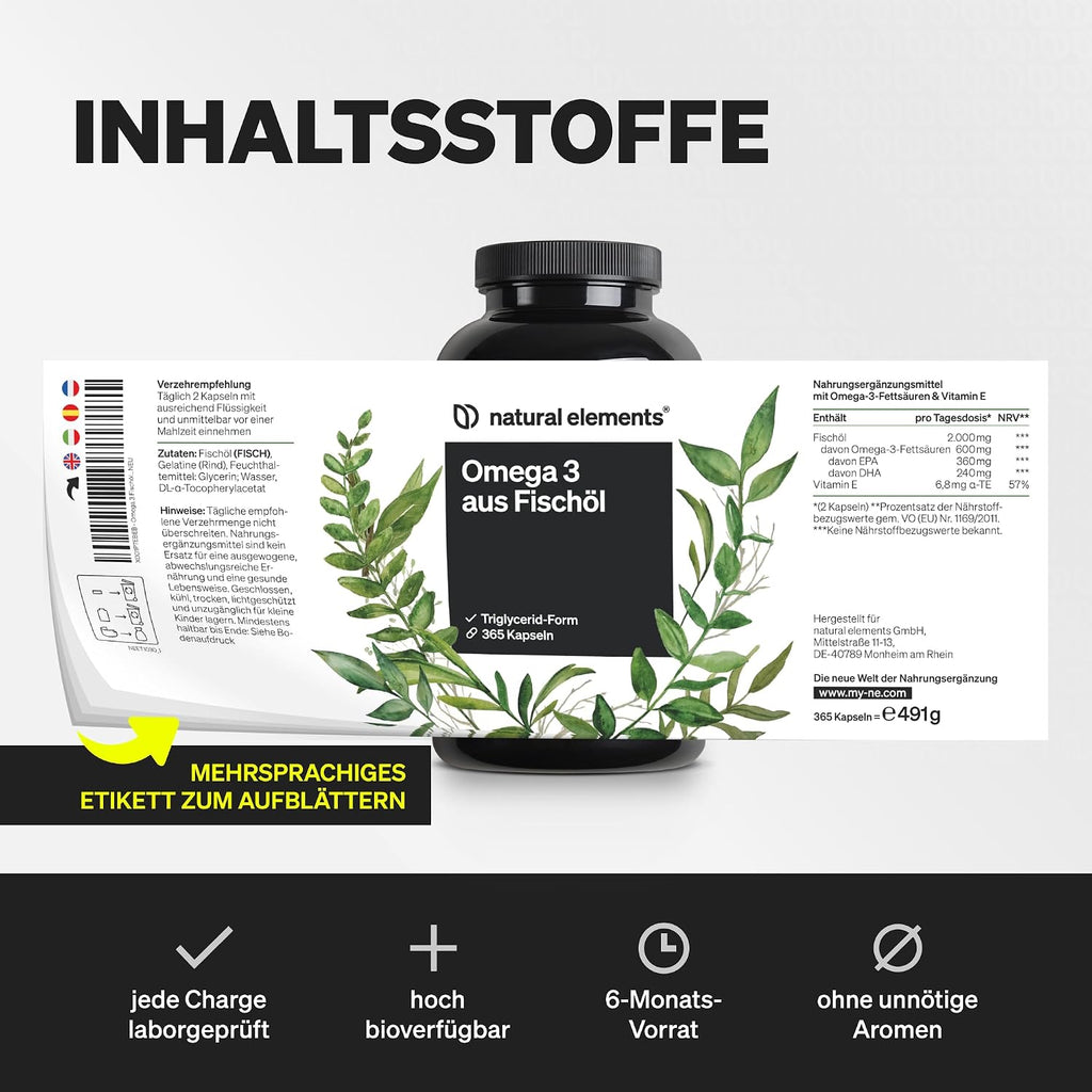 Natural Elements Omega 3 – 365 Kapseln – 2000Mg Fischöl Pro Tagesdosis – Mit EPA Und DHA in Triglycerid-Form – Laborgeprüft Und Aufwendig Aufgereinigt