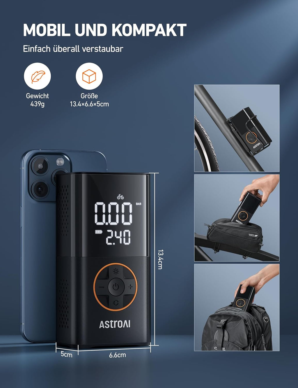 Astroai Kabellose Elektrische Luftpumpe, Tragbare Akku Fahrradpumpe Mit Alle Ventile, Led-Licht, Wiederaufladbare Reifenpumpe Für Fahrrad, E-Bike, Auto, Motorrad, Bälle, Schwarz | Mit Alle Ventile Led-Licht, Wiederaufladbare Reifenpumpe Für Fahrrad, E-Bik