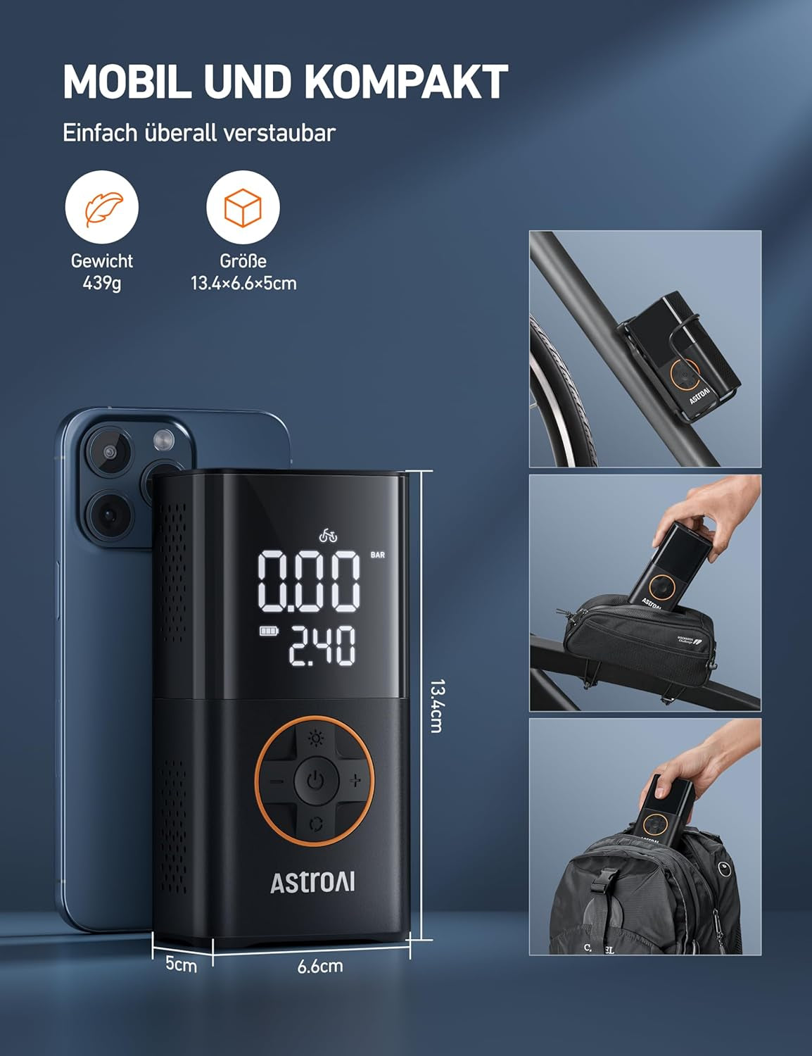 Astroai Kabellose Elektrische Luftpumpe, Tragbare Akku Fahrradpumpe Mit Alle Ventile, Led-Licht, Wiederaufladbare Reifenpumpe Für Fahrrad, E-Bike, Auto, Motorrad, Bälle, Schwarz | Mit Alle Ventile Led-Licht, Wiederaufladbare Reifenpumpe Für Fahrrad, E-Bik