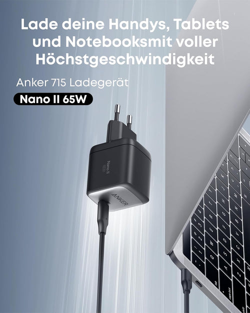 Anker Nano II 65W USB C Ladegerät Netzteil Mit Schnellladeleistung, Gan II Technologie, Kompatibel Mit Macbook Pro/Air, Galaxy S20/S10, Iphone 17/Pro/Iphone Air/16/15, Ipad, Pixel (Schwarz)