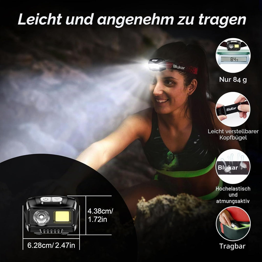 Blukar LED Stirnlampe Wiederaufladbar, Superhell 2000L Stufenlos Dimmbar Kopflampe Mit 8 Lichtmodi, Sensor Und Rotlicht, Leichtgewichtig Wasserdichte Mini Stirnleuchte Für Campen, Angeln Usw.