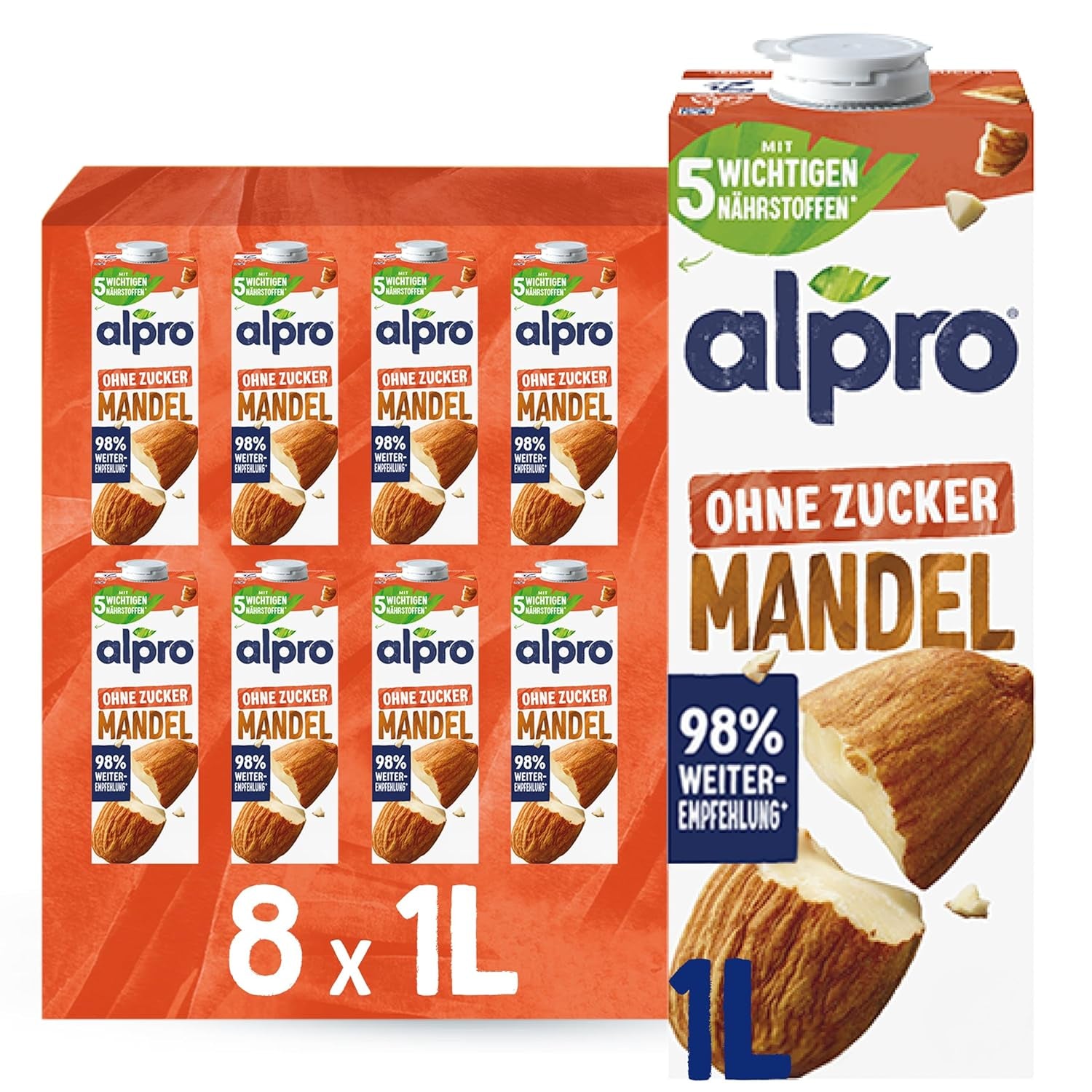 Alpro Mandeldrink Ohne Zucker – Quelle Von Calcium Und Vitaminen – Zuckerfrei, Glutenfrei, Fettarm, Ohne Laktose, Vegan Und Milchfrei – 8 X 1 L – Haltbar