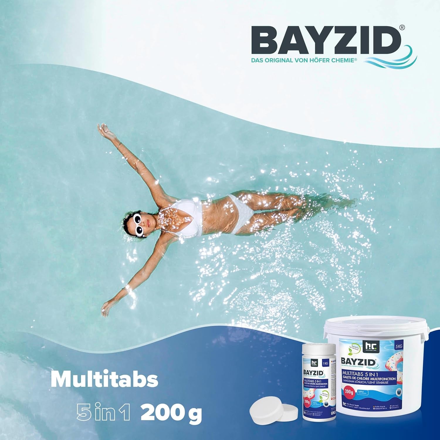 BAYZID Chlor Multitabs 5 in 1-200G Chlortabletten Für Pool - 5Kg - 5-Phasen Pflege & Reinigung - Made in Europe - Für Kristallklares Poolwasser