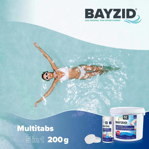 BAYZID Chlor Multitabs 5 in 1-200G Chlortabletten Für Pool - 5Kg - 5-Phasen Pflege & Reinigung - Made in Europe - Für Kristallklares Poolwasser