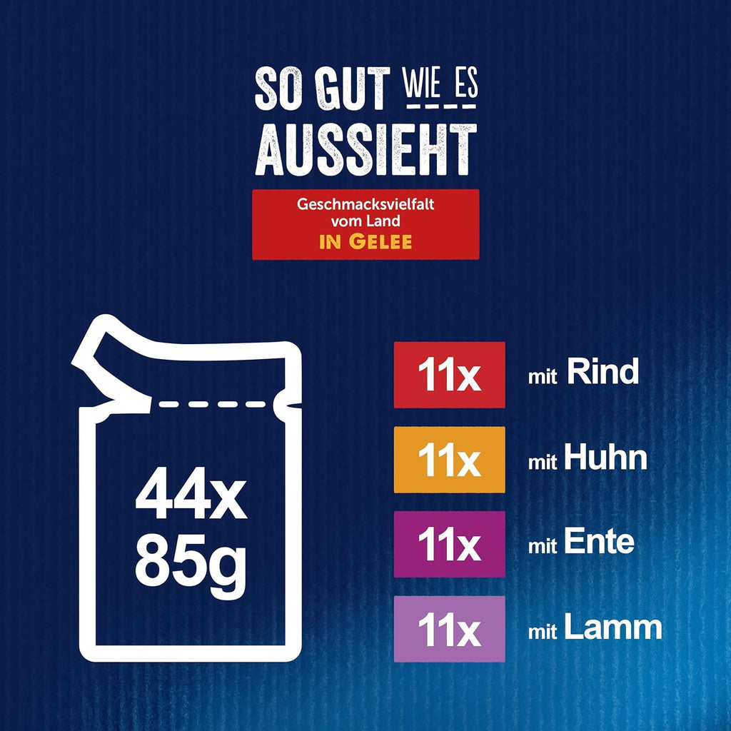 FELIX so Gut Wie Es Aussieht Nassfutter Für Katzen Geschmacksvielfalt Vom Land Vorteilspack, 44 Praktische Portionsbeutel, Zarte Stückchen in Gelee, 4 Leckere Sorten, 100% Vollständige Ernährung