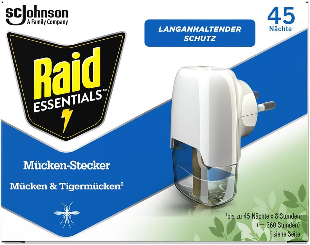 Raid Essentials Mückenstecker 45 Nächte, Elektrischer Insekten-Schutz Vor Mücken & Tigermücken, Mit Pflanzlichen Wirkstoffen, Geruchsneutral, 1Er Pack (1 X 32 Ml)