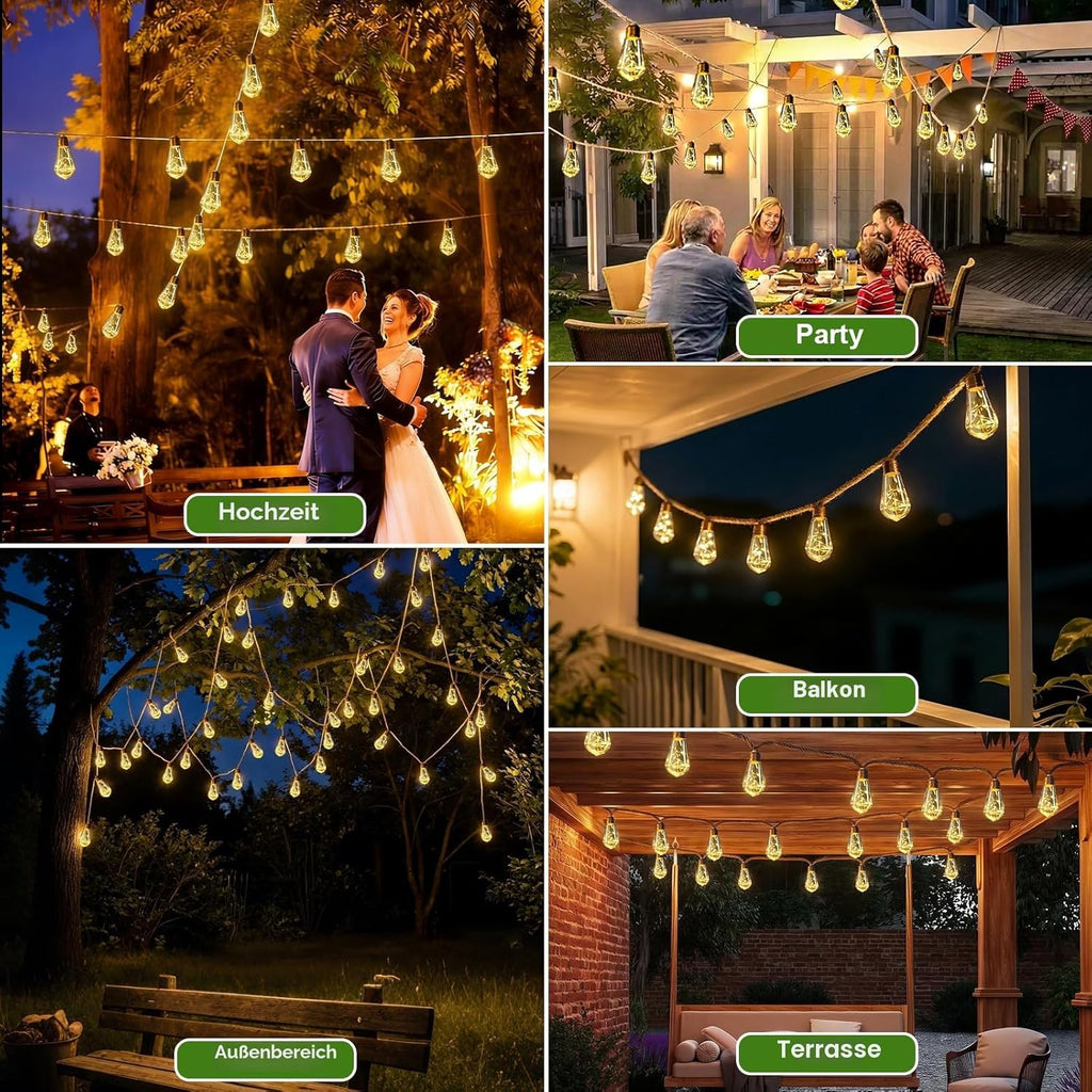 Solar Lichterkette Aussen Mit 16 S17 Glühbirnen, 10M Lichterkette Außen Wetterfest Warmweiß 8 Modi Memory-Funktion Timer Vintage Hanfseil Solarlichterketten Für Garten Terasse Balkon Hochzeit Party