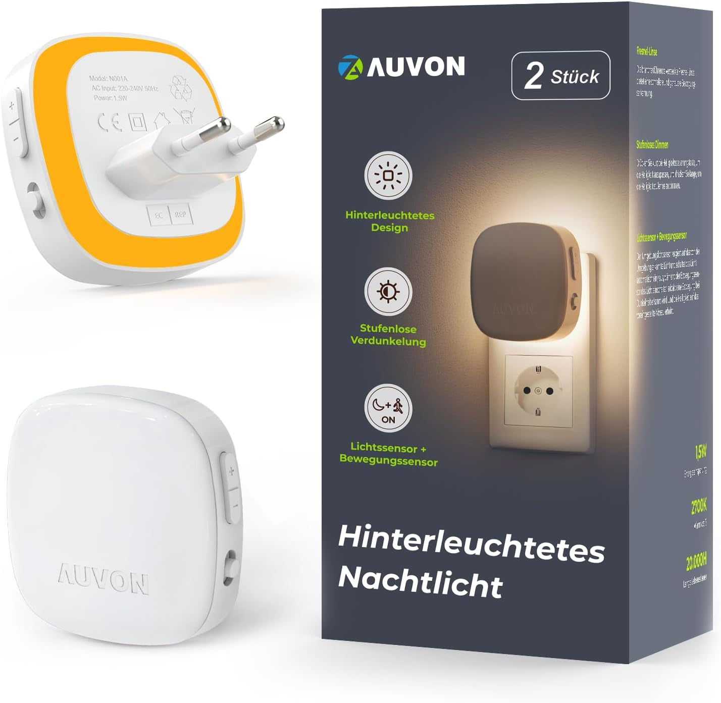 AUVON Nachtlicht Steckdose Mit Bewegungssensor Und Dämmerungssensor, 2 Stück Warmweißes LED Hinterleuchtete Nachtlicht Mit 1-50 Lm, Helligkeit Einstellbar Für Flur, Treppe, Schlafzimmer