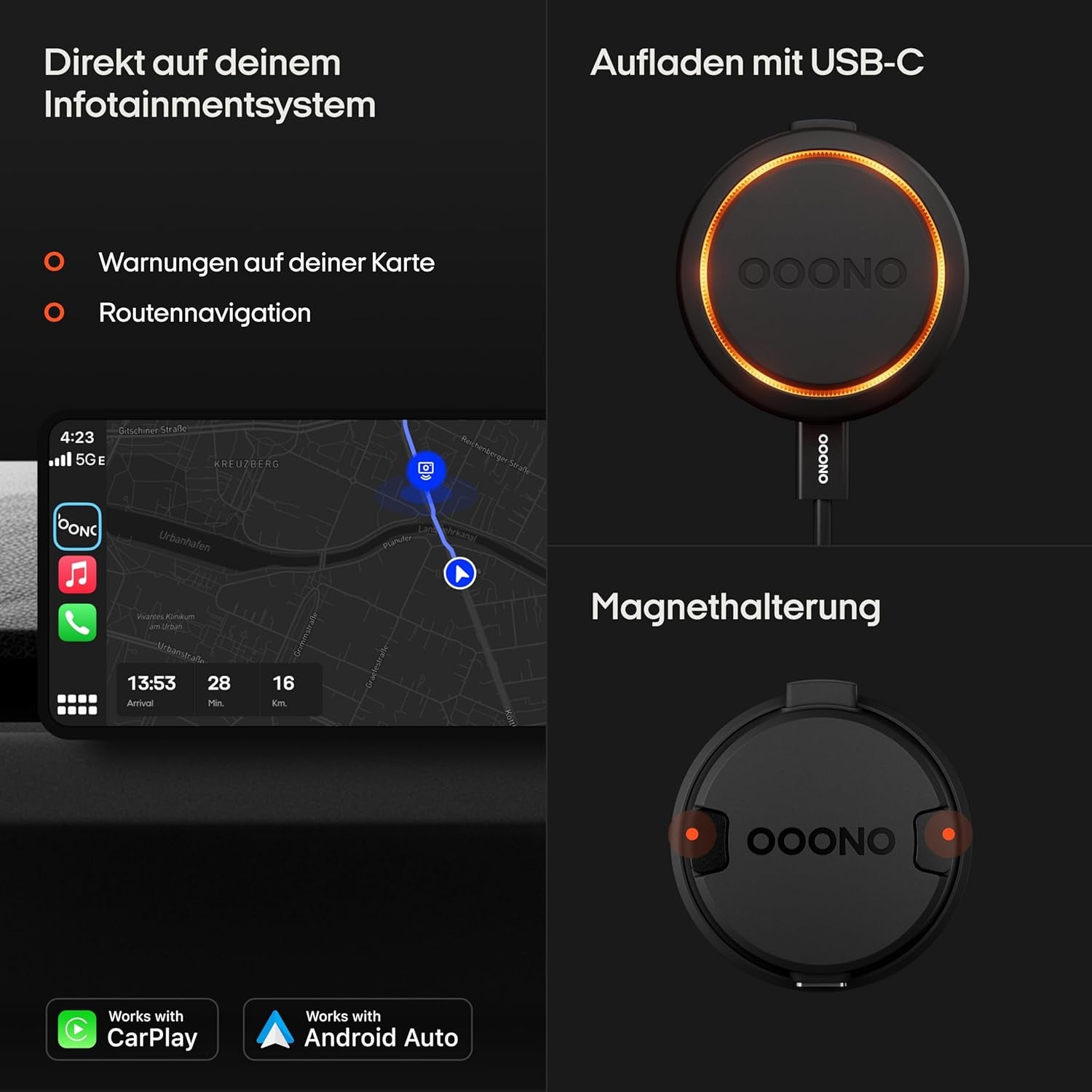OOONO Co-Driver NO2 - Optimierter Co-Driver Fürs Auto - Warnt Vor Tempo-Kontrollen Und Gefahrenstellen - Wiederaufladbar - Led-Anzeige - Carplay & Android Auto Kompatibel
