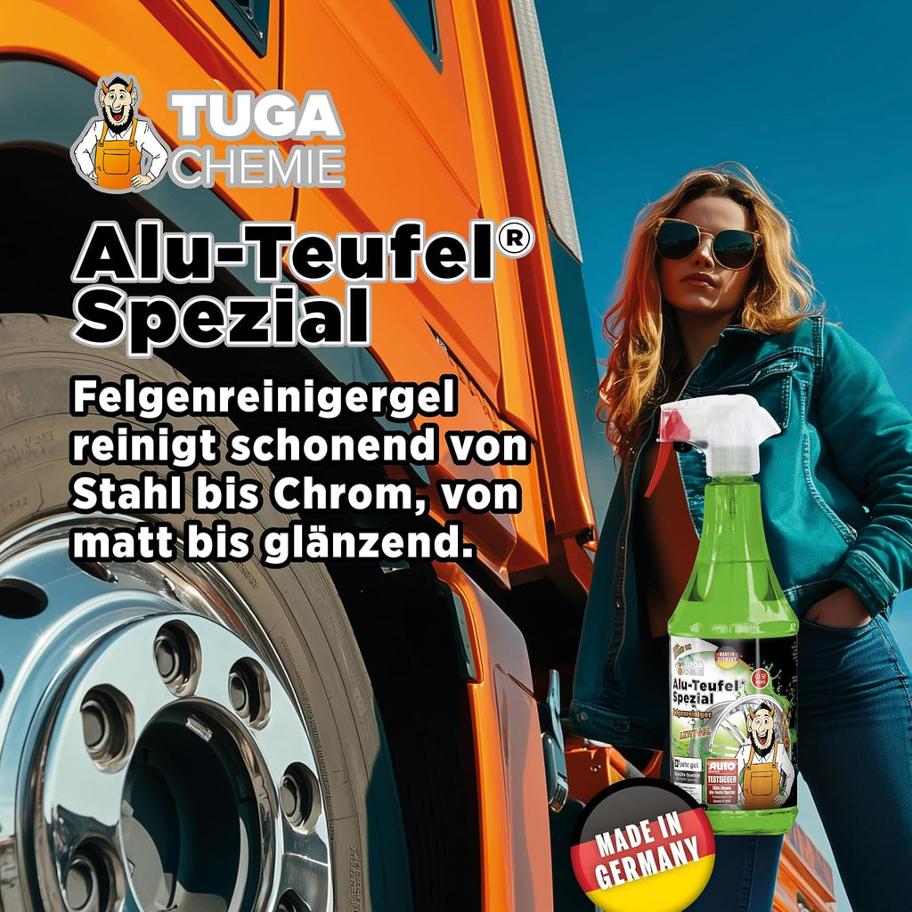 Tuga Chemie Alu-Teufel Spezial Felgenreiniger Grün – Profi Felgenreinigung Von Bremsstaub & Schmutz – Ph-Hautneutral, Materialschonend, Glanzverstärkend – 1 L Flasche – Made in Germany