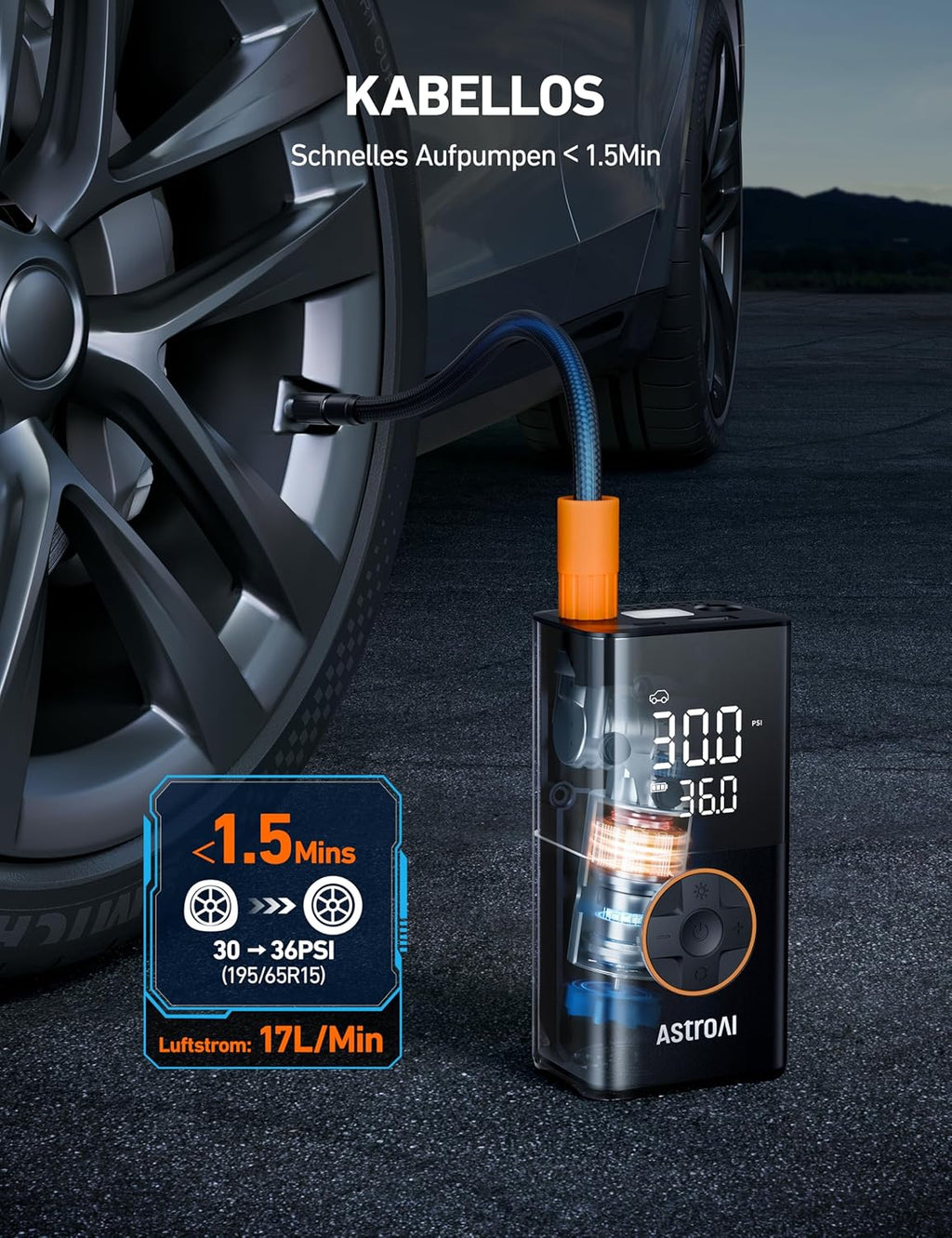 Astroai Kabellose Elektrische Luftpumpe, Tragbare Akku Fahrradpumpe Mit Alle Ventile, Led-Licht, Wiederaufladbare Reifenpumpe Für Fahrrad, E-Bike, Auto, Motorrad, Bälle, Schwarz | Mit Alle Ventile Led-Licht, Wiederaufladbare Reifenpumpe Für Fahrrad, E-Bik