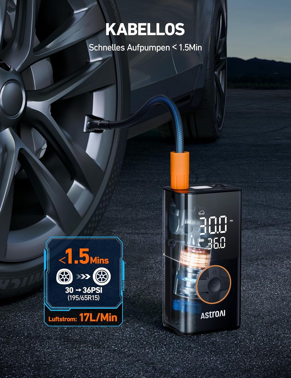 Astroai Kabellose Elektrische Luftpumpe, Tragbare Akku Fahrradpumpe Mit Alle Ventile, Led-Licht, Wiederaufladbare Reifenpumpe Für Fahrrad, E-Bike, Auto, Motorrad, Bälle, Schwarz | Mit Alle Ventile Led-Licht, Wiederaufladbare Reifenpumpe Für Fahrrad, E-Bik