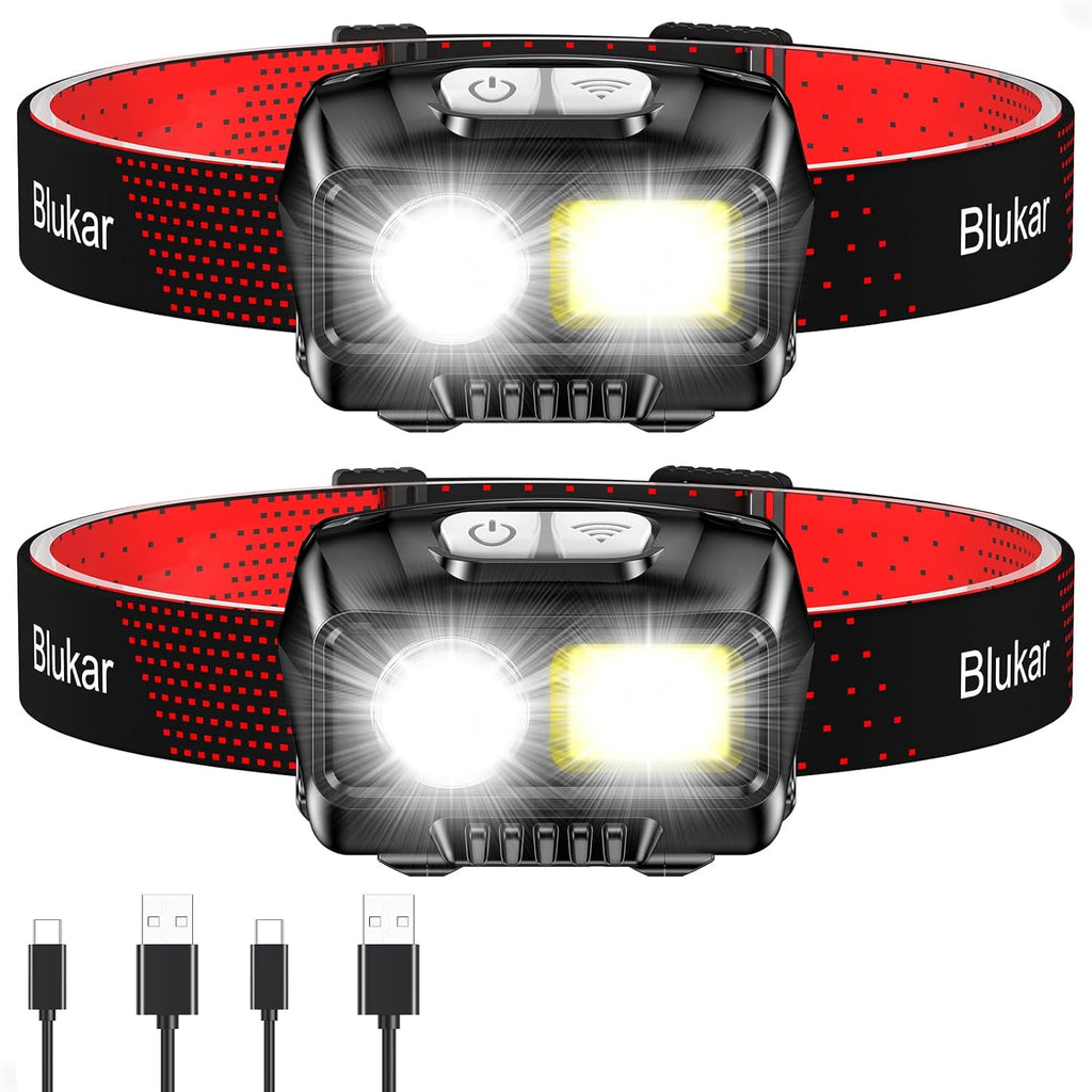 Blukar LED Stirnlampe Wiederaufladbar, Superhell 2000L Stufenlos Dimmbar Kopflampe Mit 8 Lichtmodi, Sensor Und Rotlicht, Leichtgewichtig Wasserdichte Mini Stirnleuchte Für Campen, Angeln Usw.