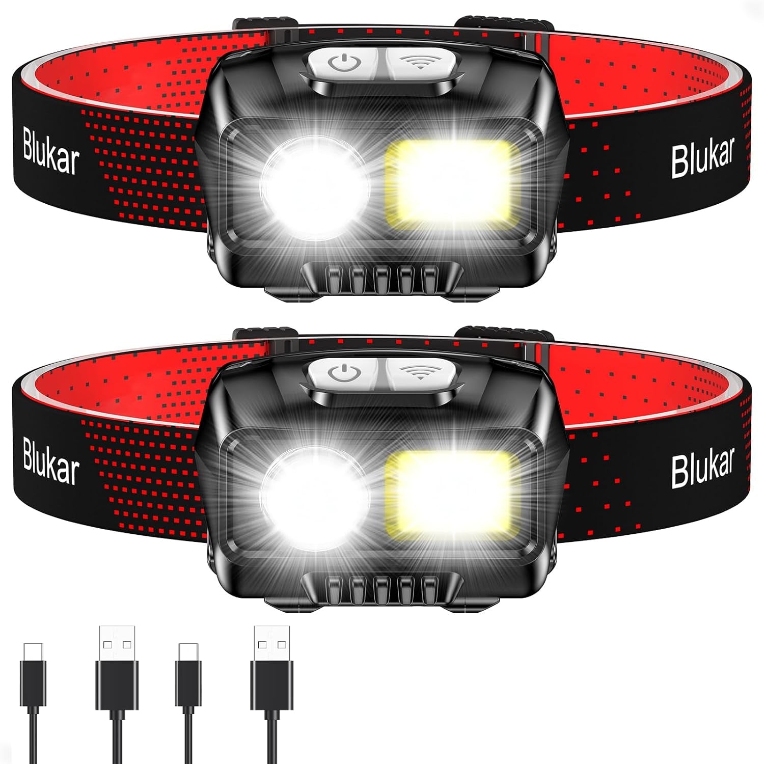 Blukar LED Stirnlampe Wiederaufladbar, Superhell 2000L Stufenlos Dimmbar Kopflampe Mit 8 Lichtmodi, Sensor Und Rotlicht, Leichtgewichtig Wasserdichte Mini Stirnleuchte Für Campen, Angeln Usw.