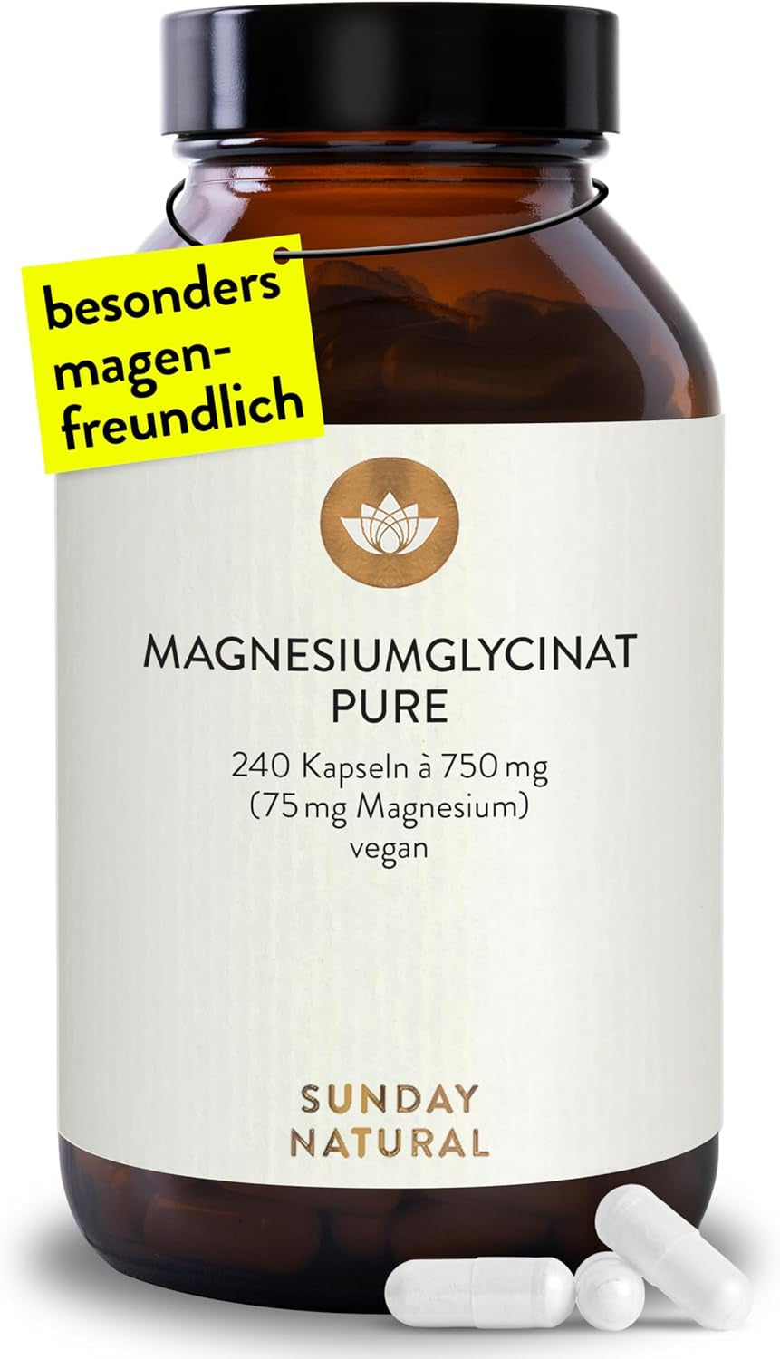 SUNDAY NATURAL® Magnesium Bisglycinat - 240 Kapseln - 300Mg Reines Magnesium Pro Tagesdosis - Depot Magnesiumglycinat Als Organisches Aminosäurechelat - Laborgeprüft, Vegan