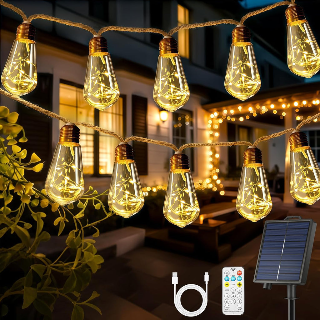 Solar Lichterkette Aussen Mit 16 S17 Glühbirnen, 10M Lichterkette Außen Wetterfest Warmweiß 8 Modi Memory-Funktion Timer Vintage Hanfseil Solarlichterketten Für Garten Terasse Balkon Hochzeit Party