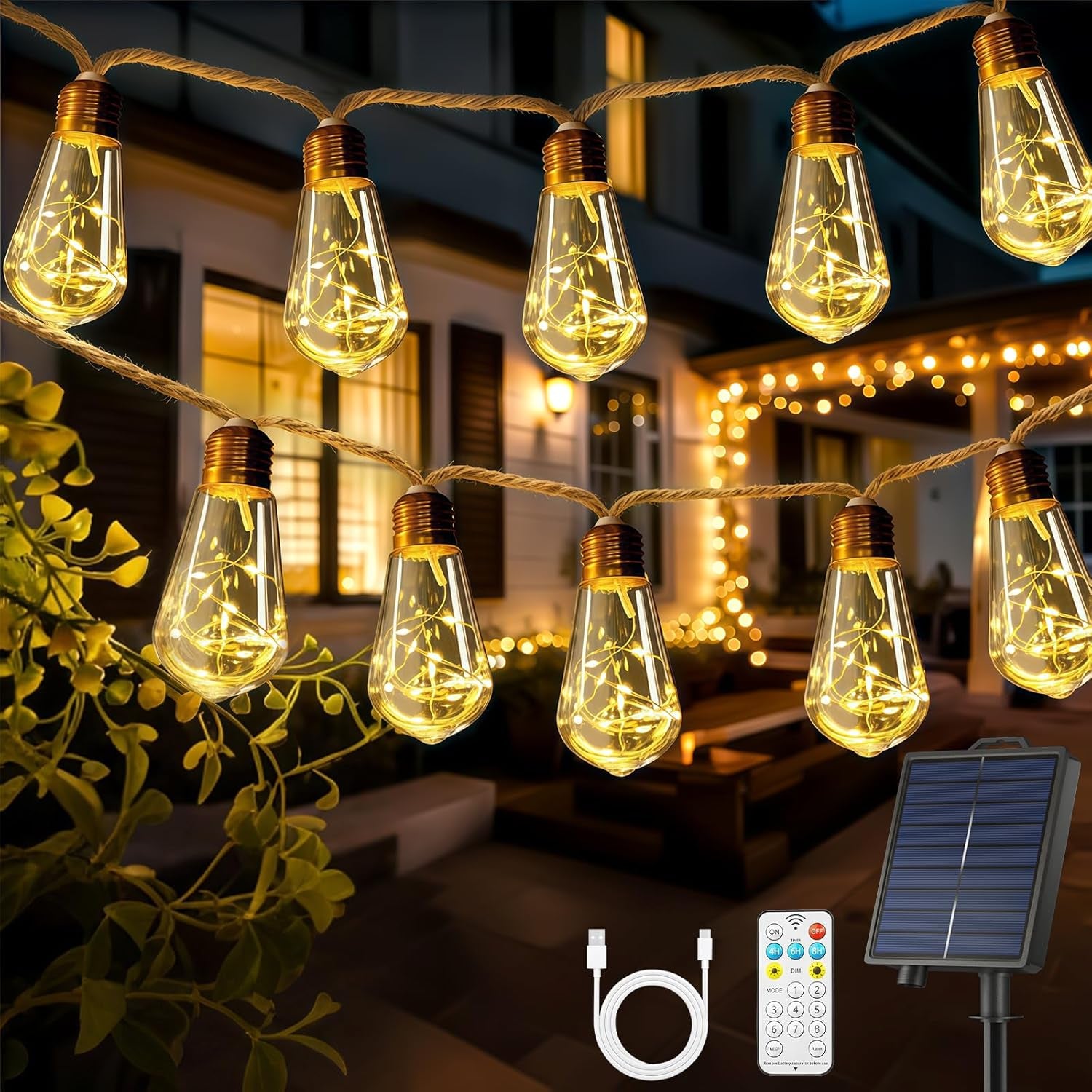 Solar Lichterkette Aussen Mit 16 S17 Glühbirnen, 10M Lichterkette Außen Wetterfest Warmweiß 8 Modi Memory-Funktion Timer Vintage Hanfseil Solarlichterketten Für Garten Terasse Balkon Hochzeit Party