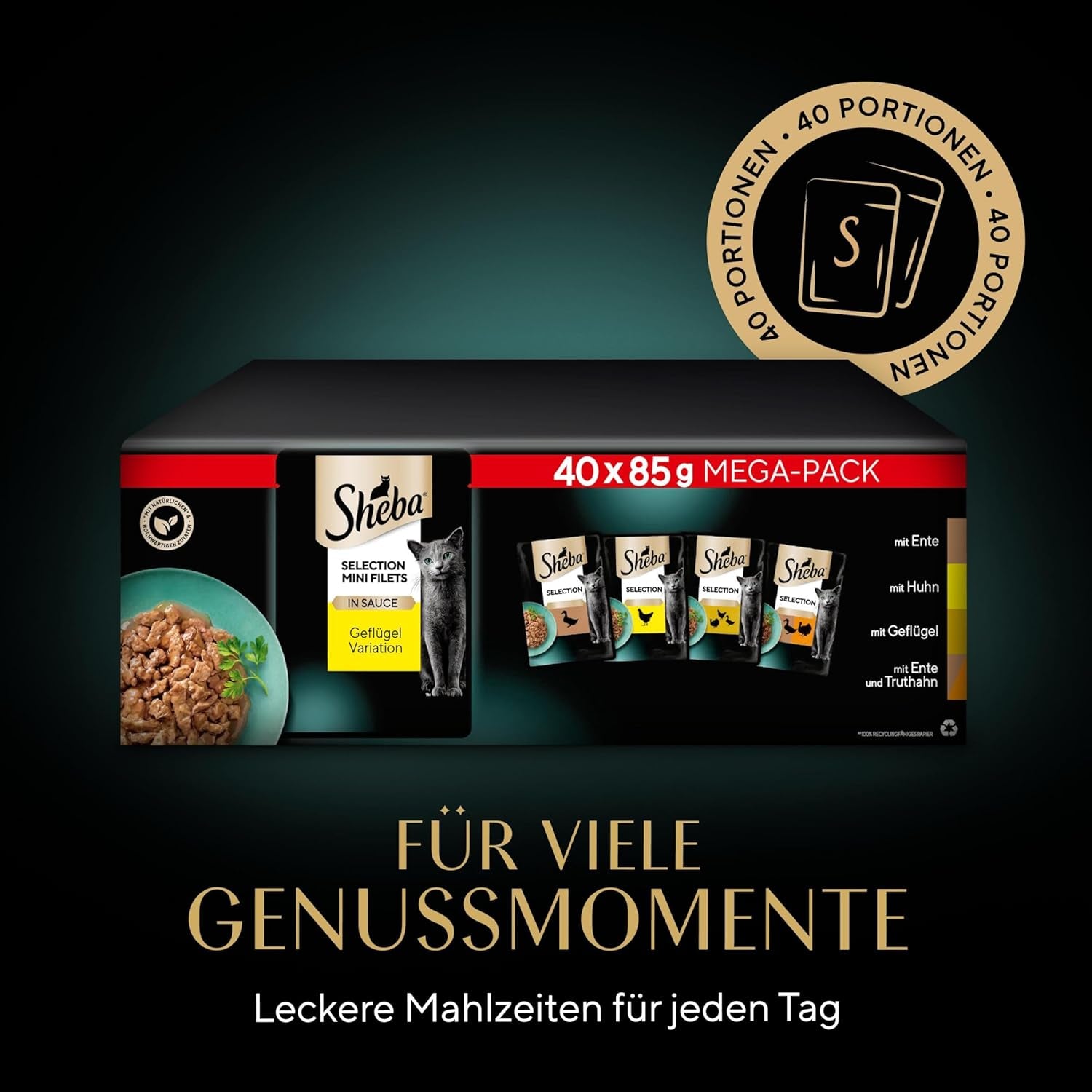 SHEBA Adult Katzenfutter Nass - 40X85G Portionsbeutel - Geflügel Variation in Sauce - Nassfutter Für Katzen - 1 Großpackung