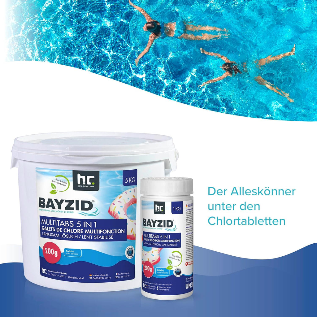BAYZID Chlor Multitabs 5 in 1-200G Chlortabletten Für Pool - 5Kg - 5-Phasen Pflege & Reinigung - Made in Europe - Für Kristallklares Poolwasser