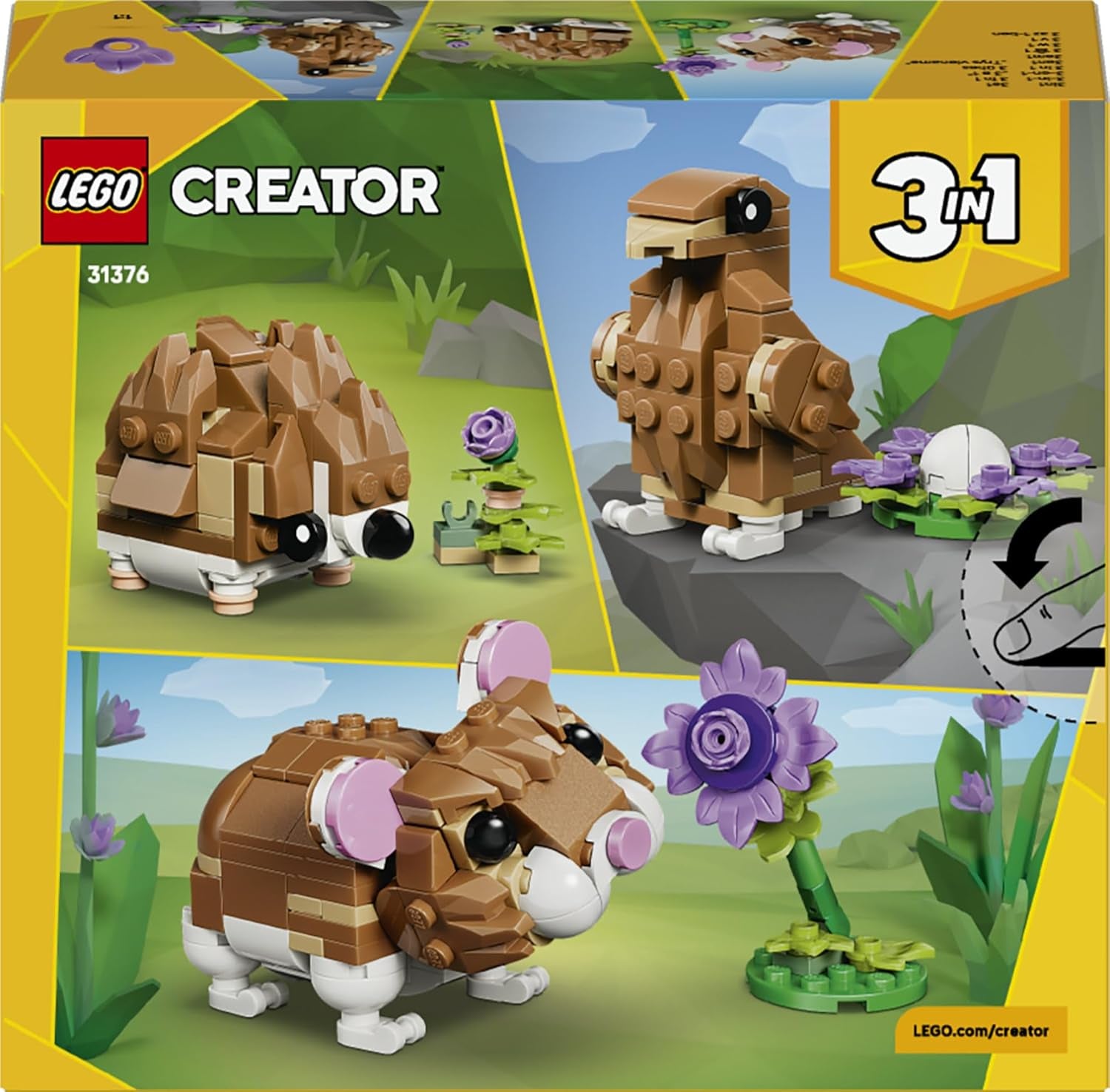 LEGO Creator 3In1 Cute Hamster with a Flower Toy - Animal Figure Transforms into a Hedgehog or Eagle - DIY Room Decor Idea - Birthday Gift for 7+ Year Old Girls & Boys - 31376