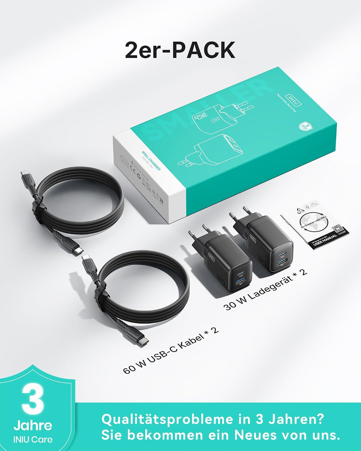 INIU 30W USB C Ladegerät, Gan Schnellladegerät Mit 1,5M 60W Kabel, Dual-Port Netzteil Mit Intelligentem Geräteschutz Für Iphone 17 16 Pro Max, Ipad Macbook Air Galaxy S26 Pixel Xiaomi [2-Pack Schwarz]